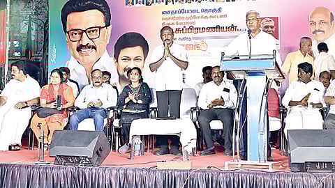 சைதாப்பேட்டையில் அமைச்சர் மா.சுப்பிரமணியனை ஆதரித்து நேற்று பரப்புரை மேற்கொண்ட இந்திய கம்யூனிஸ்ட் கட்சியின் பொதுச் செயலாளர் டி.ராஜா.