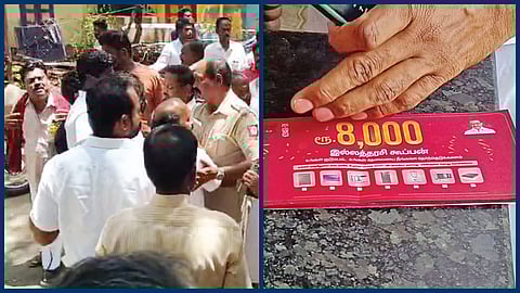 சிவகங்கை காவல் நிலையத்தில் வாக்குவாதத்தில் ஈடுபட்ட அதிமுக, திமுகவினர். (வலது) திமுகவினரிடமிருந்து பறிமுதல் செய்யப்பட்ட மாதிரி கூப்பன்கள்.