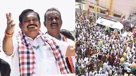 கோவை காந்திபுரம் சித்தாபுதூர் வி.கே.கே மேனன் சாலையில் நடந்த பிரச்சார கூட்டத்தில் அதிமுக பொதுச் செயலாளர் பழனிசாமி நேற்று பேசினார். அருகில் முன்னாள் அமைச்சர் எஸ்.பி.வேலுமணி. (அடுத்த படம்) பழனிசாமி பேச்சைக் கேட்கத் திரண்ட கூட்டம். படங்கள்: ஜெ.மனோகரன்