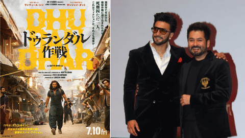 Dhurandhar's official poster for Japan (left), Ranveer Singh and Aditya Dhar (right)