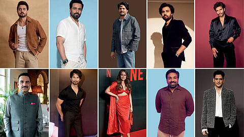 Clockwise from top left: Bhuvan Bam, Emraan Hashmi, Jaideep Ahlawat, Jitendra Kumar, Karan Tacker, Pankaj Tripathi, Shahid Kapoor, Sonakshi Sinha, Vijay Sethupathi and Vijay Varma.