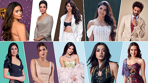 (L-R) Alia Bhatt, Deepika Padukone, Disha Patani, Jacqueline Fernandez, Kartik Aaryan, Katrina Kaif, Kriti Sanon, Priyanka Chopra Jonas, Rashmika Mandanna, Shraddha Kapoor