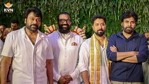 Chiranjeevi, Venkat K Narayana, Bobby Kolli and Pawan Kalyan at the launch of the film