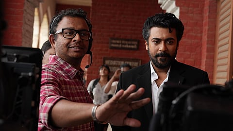 Cinematographer GK Vishnu with Suriya on the sets of 'Karuppu'