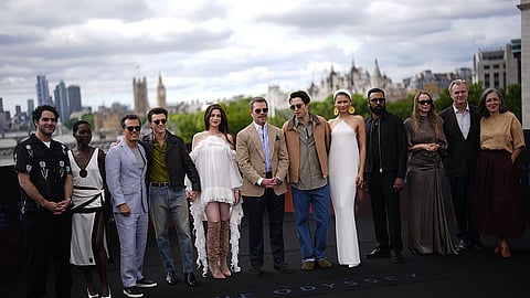 Benny Safdie, Lupita Nyong'o, John Leguizamo, Tom Holland, Anne Hathaway, Matt Damon, Robert Pattinson, Zendaya, Himesh Patel, Samantha Morton, director Christopher Nolan and Emma Thomas attending 'The Odyssey' photocall at the IET Building in central London