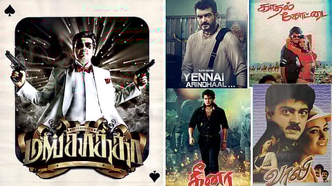 Posters of Mankatha, Yennai Arindhaal, Kadhal Kottai, Vaalee, and Dheena.