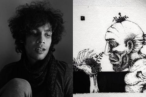 l: A photo of the artist r: A charcoal portrait