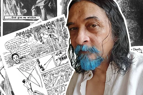 A portrait of Orijit Sen with a page from his graphic novel in the background