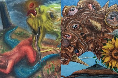 Two surrealist paintings in soft pastels and oil