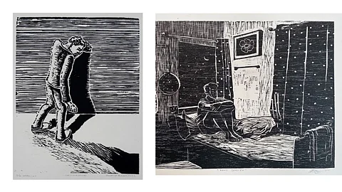 L: ‘The Only Survivor’, woodcut, 12” x 15” R: ‘Home Quarantine, woodcut, 12” x 15”