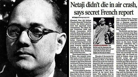 L: A portrait of Netaji R: A newspaper clipping claiming that Netaji did not die in air crash