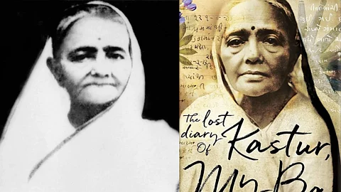L: Kasturba Gandhi R: A cover of the book 'The Lost Diary of Kastur, My Ba'