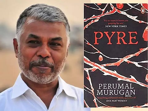 L: Perumal Murugan R: Cover of his novel, 'Pyre'