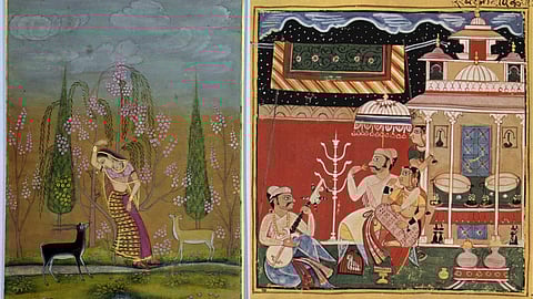 L: Ragini Todi. Mughal, c. 1750 R: Dipak Raga, folio from the Chawand Ragamala by Nasiruddin. Mewar, 1605