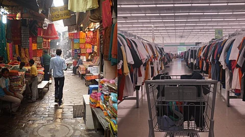 A bustling street bazaar (L) and modern in-store thrifting (R).