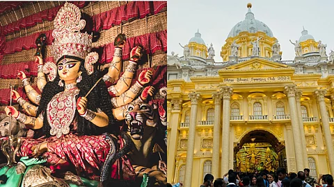 L: A traditional Ma Durga idol R: The Durga Puja pandal in Shreebhumi from last year, inspired by Rome's Vatican City.