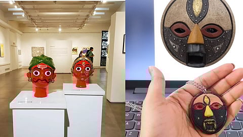 L: From the event "Prakrut - An Exhibition for Young Tribal Artists" curated by The Raza Foundation and Triveni Kala Sangam
R: Mask Locket Crafted by Bhumika Singh Inspired By An African Ghana Mask