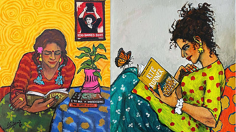 By depicting South Asian women reading these banned books, Bushra makes a powerful statement about the significance of knowledge and the right to access information unrestricted.