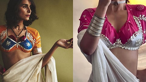 Aangi, a half-sleeved blouse, reflects the rich textile traditions of Bagri women, with its V or round neckline and vibrant colors like red, yellow, and blue.