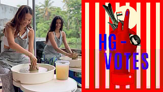 L: Two women enjoying their pottery sesh R: A creative design of a finger that's been indelibly inked to signify that a vote has been cast in the 2024 Indian general elections