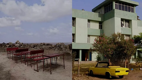 Left image: red benches near the sea, Right image: yellow car parked in front of a green building