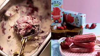 Left image: a scoop of ice cream Right Image: strawberries and popsicles
