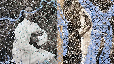 Two pieces of performative photography from Arpita Akhanda's exhibition —