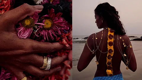 Left image: hand holding flowers Right image: woman in front of the sea adorned with gold jewellery and flowers