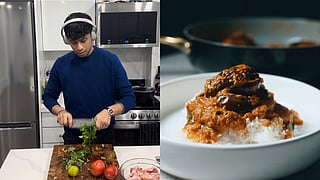 Rahul J Prakash chopping ingredients for a dish they are cooking alongside a finished dish created by Not Your Amma's Kitchen