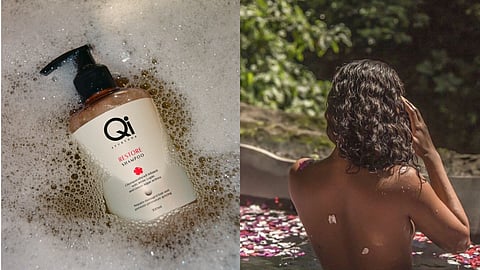L: Image of Restore shampoo from indian beauty brand Qi Ayurveda in water R: Image of a woman with curly hair in a floral bath