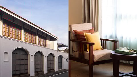 Outside view of Dutch Manor Hotel in Mattancherry, Internal view of a suite room with malabar style table and table inside the hotel