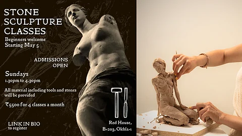 Left image: information about stone sculpting classes, Right image: Person sculpting a woman