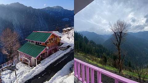 Left: An image of pink cafe and cabin in shoja called 1964 that is covered in snow. Right: An image from Ghar 1964 that shows the view of the Himalayan Mountain and pine trees along with pink wooden railing of the property in the frame.