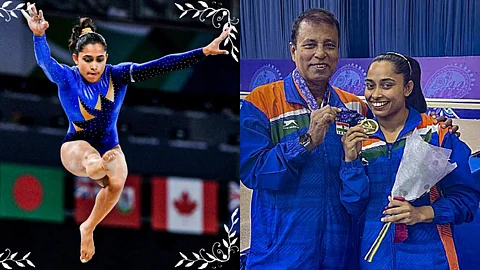 L: Indian gymnast Dipa Karmakar R: Indian gymnast Dipa Karmakar showing her gold medal alongside her coach Bishweshwar Nandi
