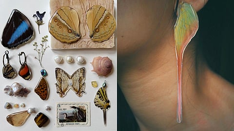 Assorted collection of resin preserved flowers, butterfly wings and other naturally occuring materials made in to jewellery or design objects for homes.