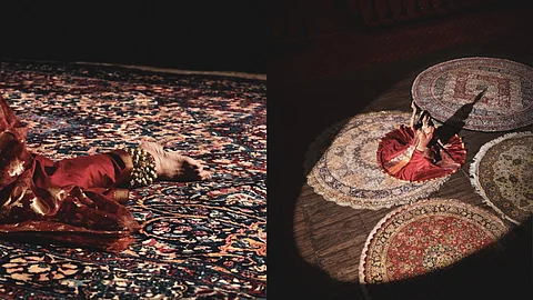 Left image: leg of a dancer in kathak costume and ghungroo, right image: kathak dancer on stage surrounded by circular rugs
