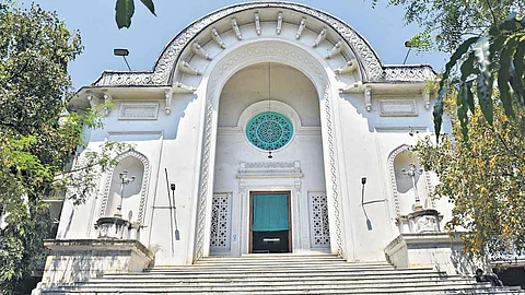The facade of Asafia Library in Hyderabad.
