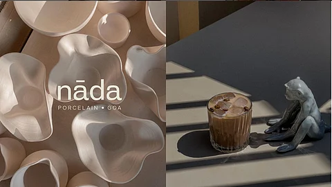 A promotional image for Nada and a monkey sculpture with a cold brew.