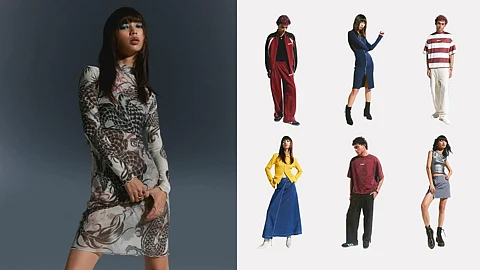 Images of woman wearing BRUN dragon mesh dress. Collage of models wearing different pieces from BRUN debut collection.