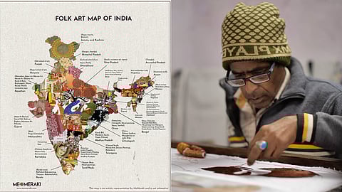 A folk art map of India listing out specific folk art traditions on the Indian map.