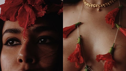 Photo Series of Ishani Das wearing Red Indian Hibiscus Flower On her Body and Head
