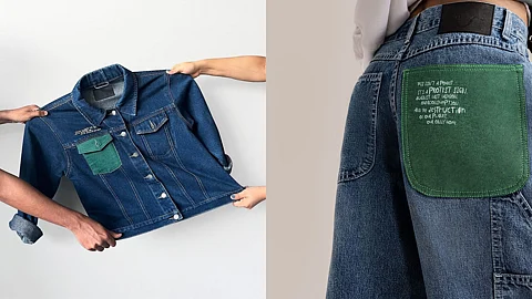 Image of upcycled denim jeans and jacket with green pocket from conscious label Un