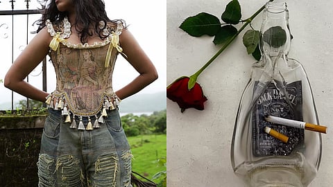 Upcycled corset made from tapestry, and upcycled ashtray made from old jack daniels glass bottle by the mumbai based label Tiger and Twig