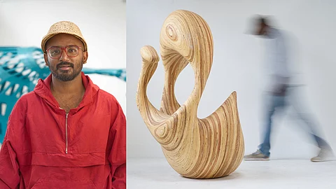 Harsha Durugadda and one of his sculptures.