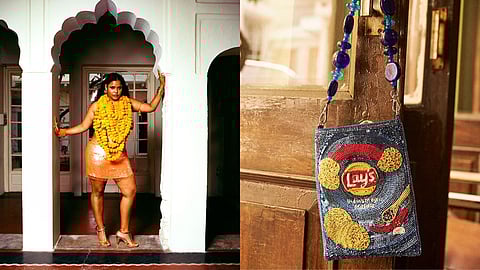 Model wearing Mirchi by Kim handcrafted peach skirt and Blue Lays Chips Inspired quirky bag