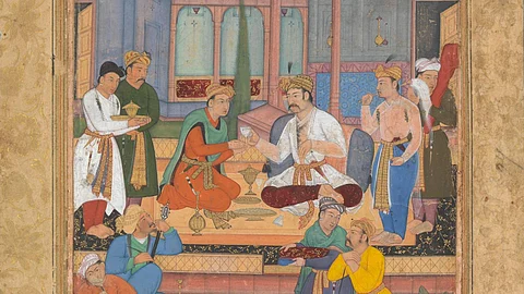 An representational painting of a Mughal court.