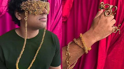 Image of south asian diasporic london based jewellery design mrinmai arun's modular jewellery that includes a handcrafted decorative spectacles with chain and snake like ring from her debut collection samsara