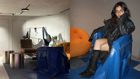 Image of Unconventional Kolkata Retail Space and A Picture of a someone at the store sitting on Chamar's iconic pocket chair