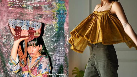 Images of bag, dress and top from bohemian luxury brand Whirling Dervish