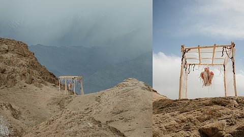 An art installation consisting of textiles and fashion in the Himalayas.